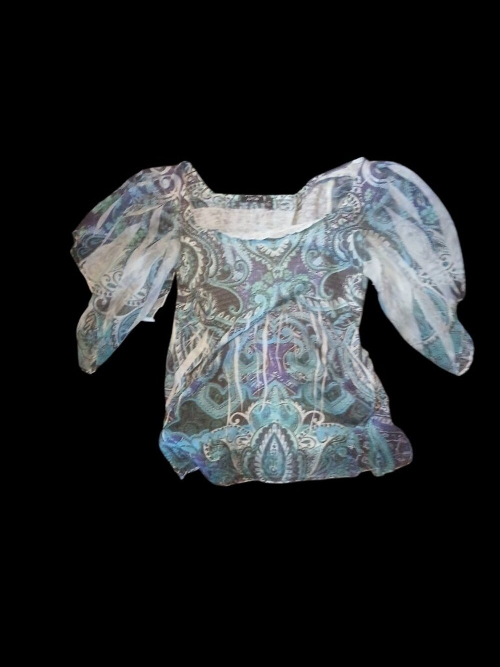 Women's blue purple sheer sleeve paisley top
